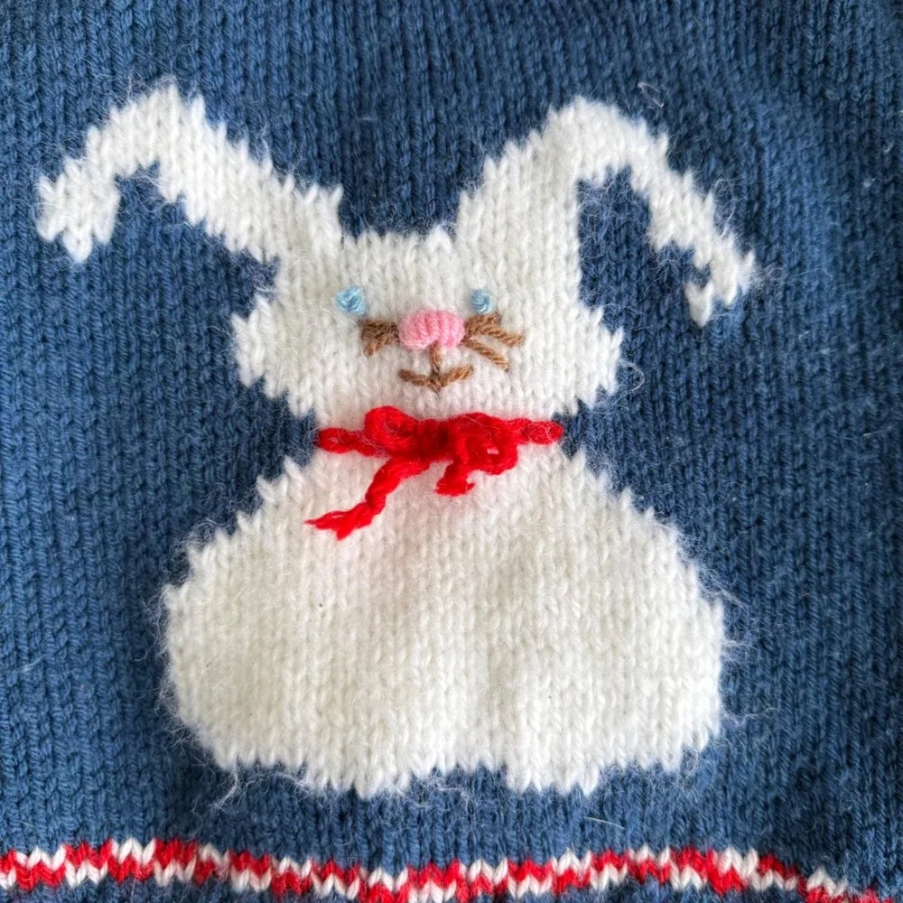 Handmadew‎ Novel Easter Bunny Baby Sweater Rolled Neck Blue White Cotton Blend - Picture 2 of 14